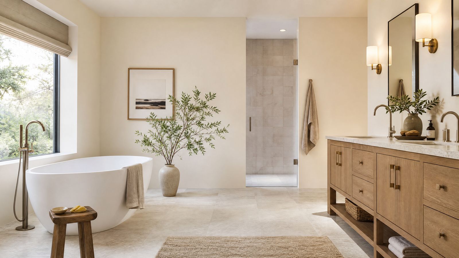 Shower pan installation planning example with neutral contemporary finishes