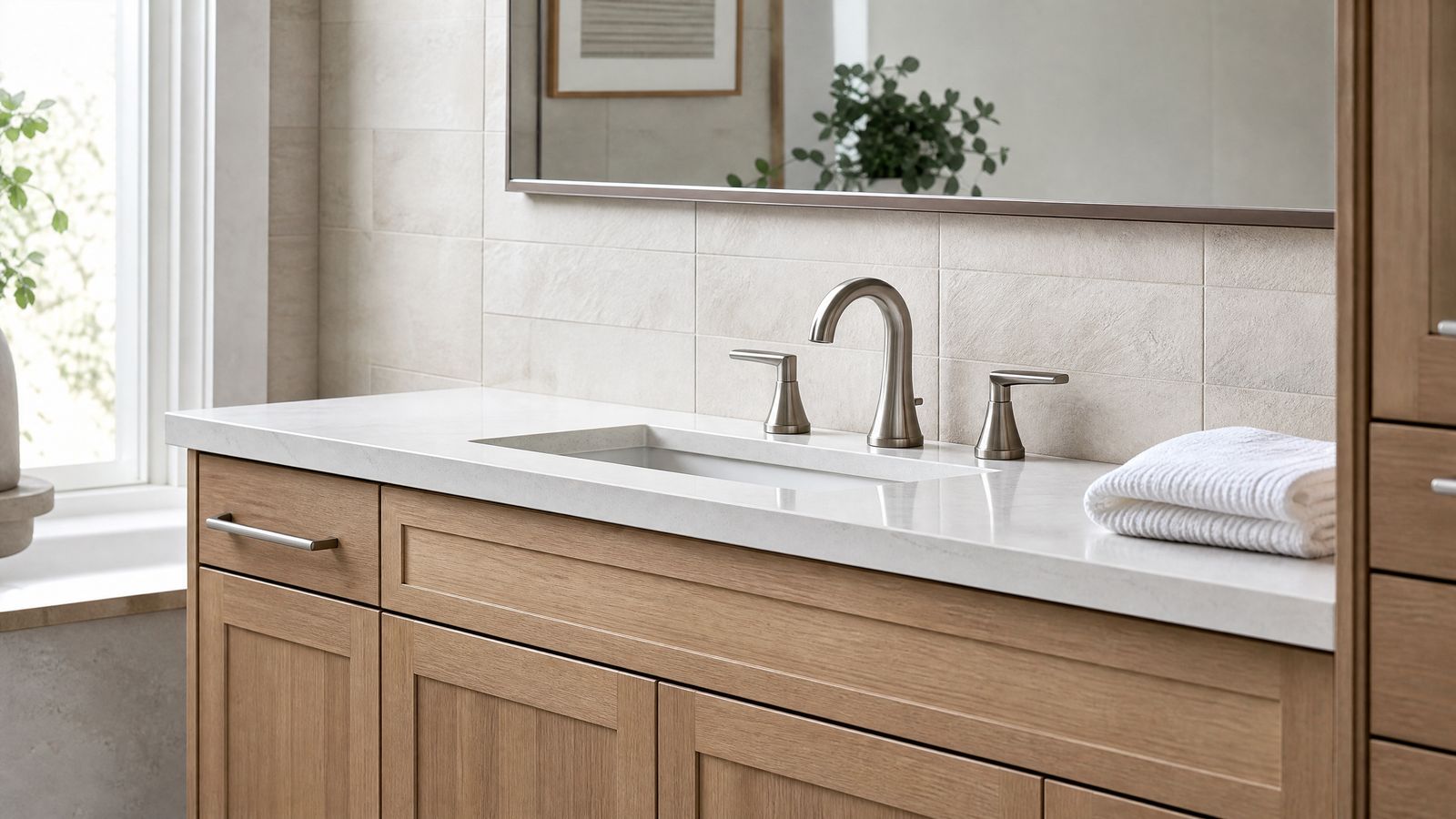 Bathroom demolition planning example with neutral contemporary finishes